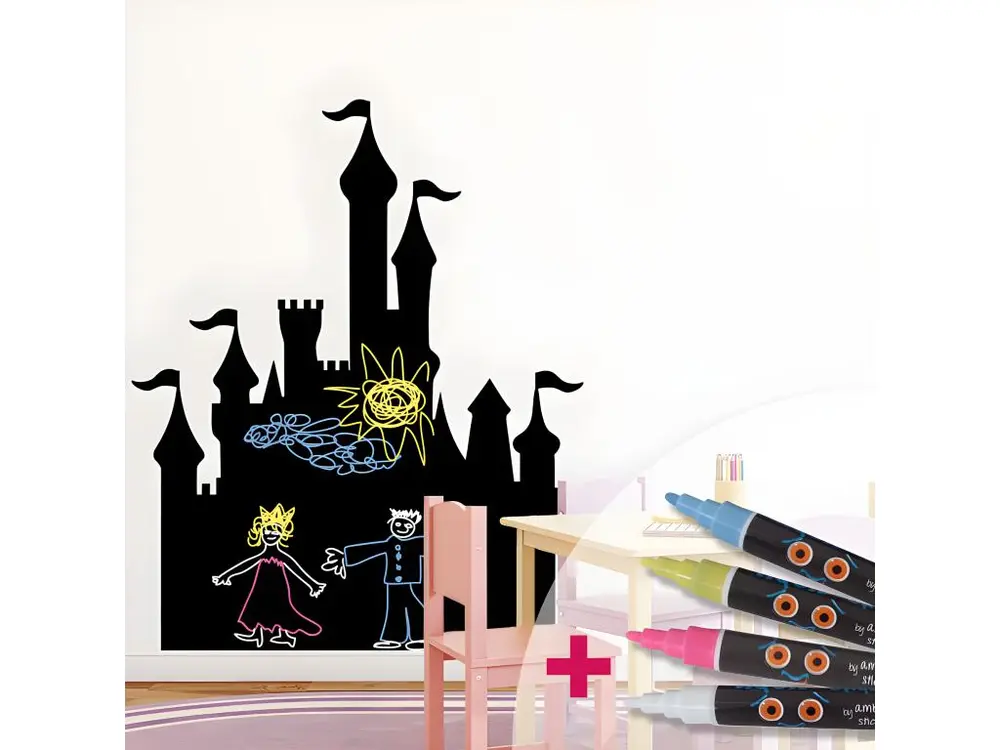 Sticker ardoise tableau noir - stickers muraux adhésif effaçable - CHÂTEAU DE PRINCESSE + 4 CRAIES LIQUIDES - 30x25cm