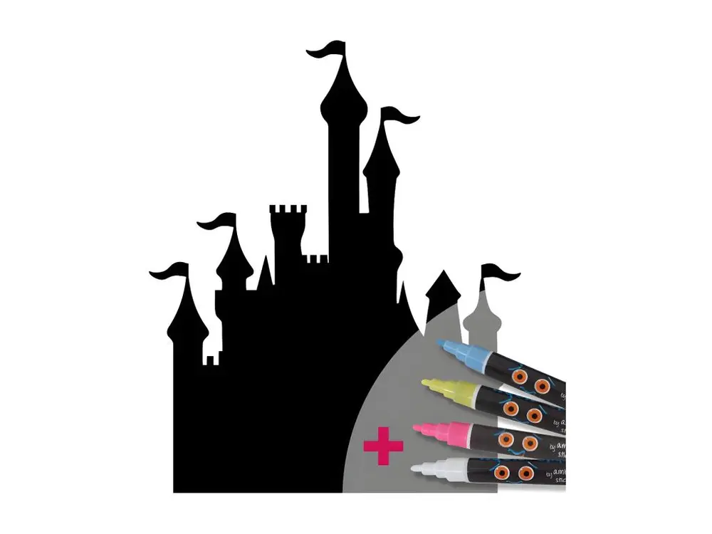 Sticker ardoise tableau noir - stickers muraux adhésif effaçable - CHÂTEAU DE PRINCESSE + 4 CRAIES LIQUIDES - 30x25cm