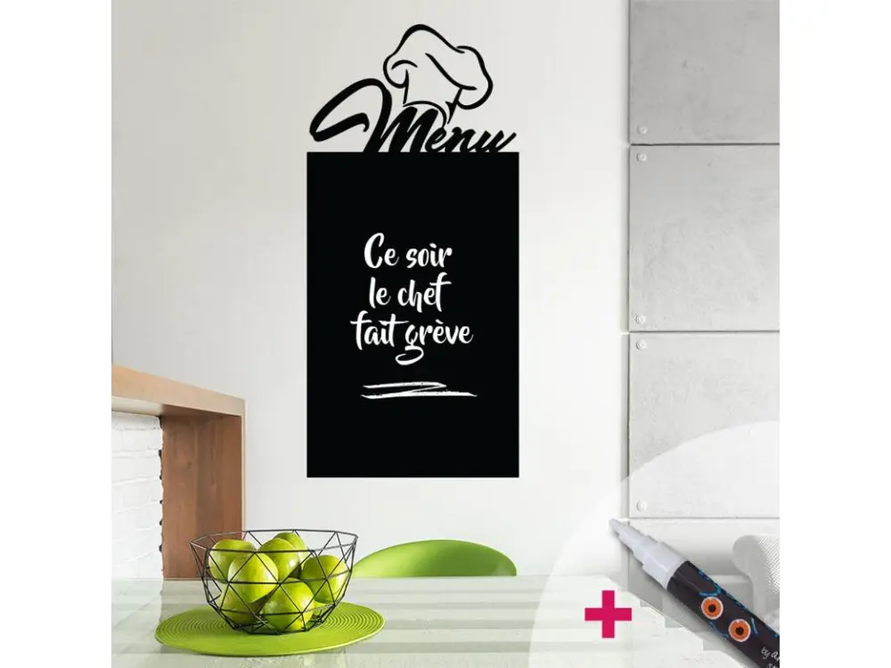 Sticker ardoise tableau noir - stickers muraux adhésif effaçable - MENU DU CHEF + CRAIE LIQUIDE BLANCHE - 140X65cm