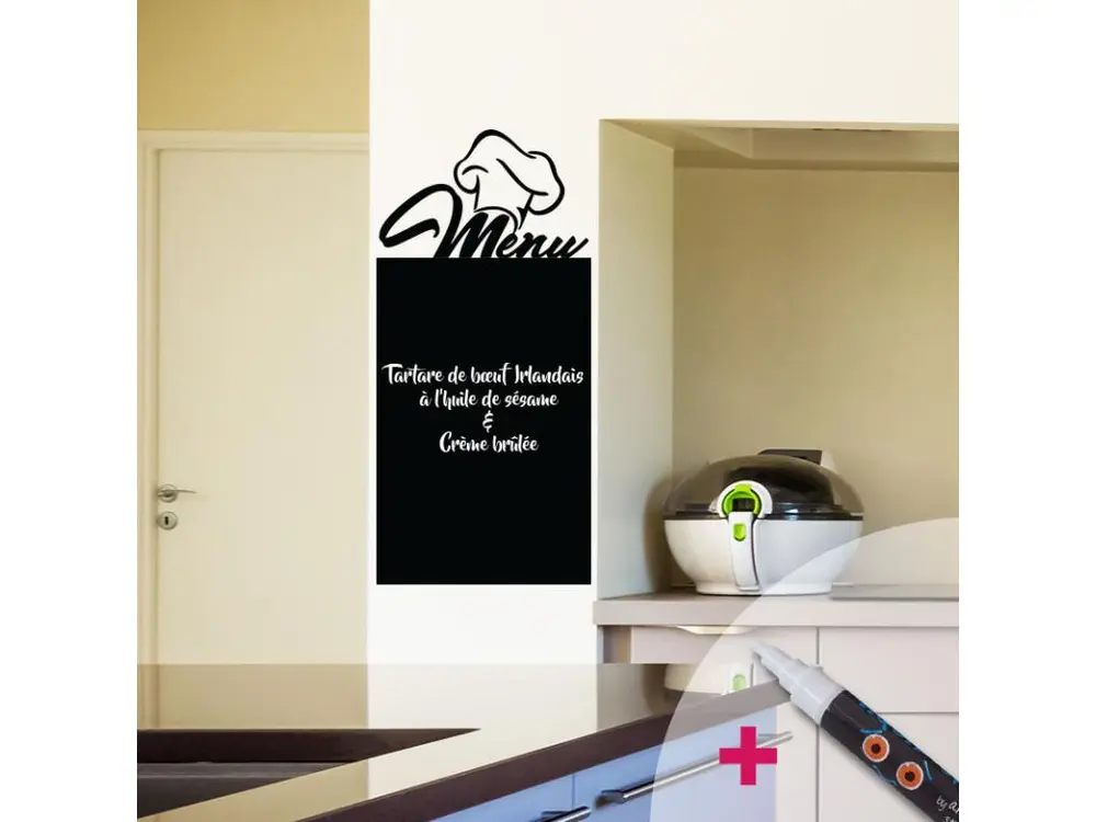 Sticker ardoise tableau noir - stickers muraux adhésif effaçable - MENU DU CHEF + CRAIE LIQUIDE BLANCHE - 140X65cm