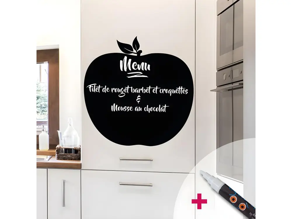 Sticker ardoise tableau noir - stickers muraux adhésif effaçable - POMME ROYALE + CRAIE LIQUIDE BLANCHE - 55x55cm