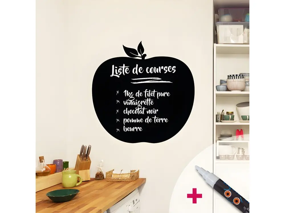 Sticker ardoise tableau noir - stickers muraux adhésif effaçable - POMME ROYALE + CRAIE LIQUIDE BLANCHE - 55x55cm