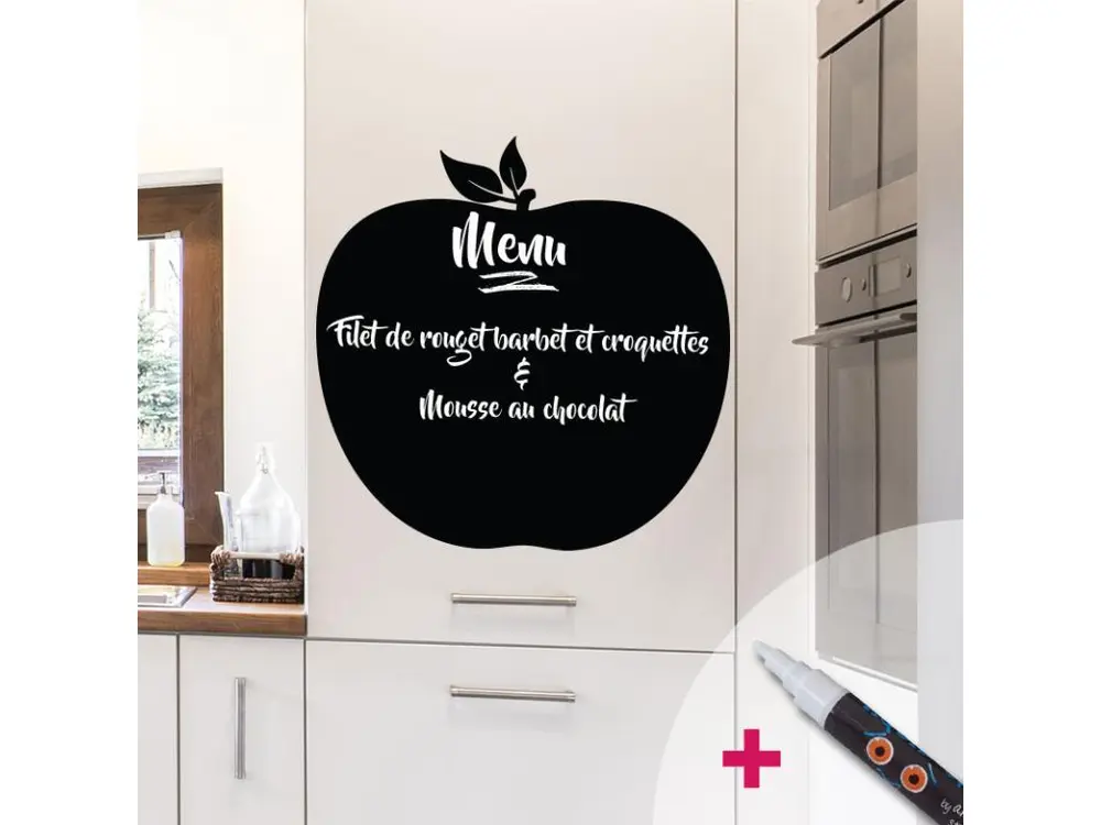 Sticker ardoise tableau noir - stickers muraux adhésif effaçable - POMME ROYALE + CRAIE LIQUIDE BLANCHE - 85x85cm