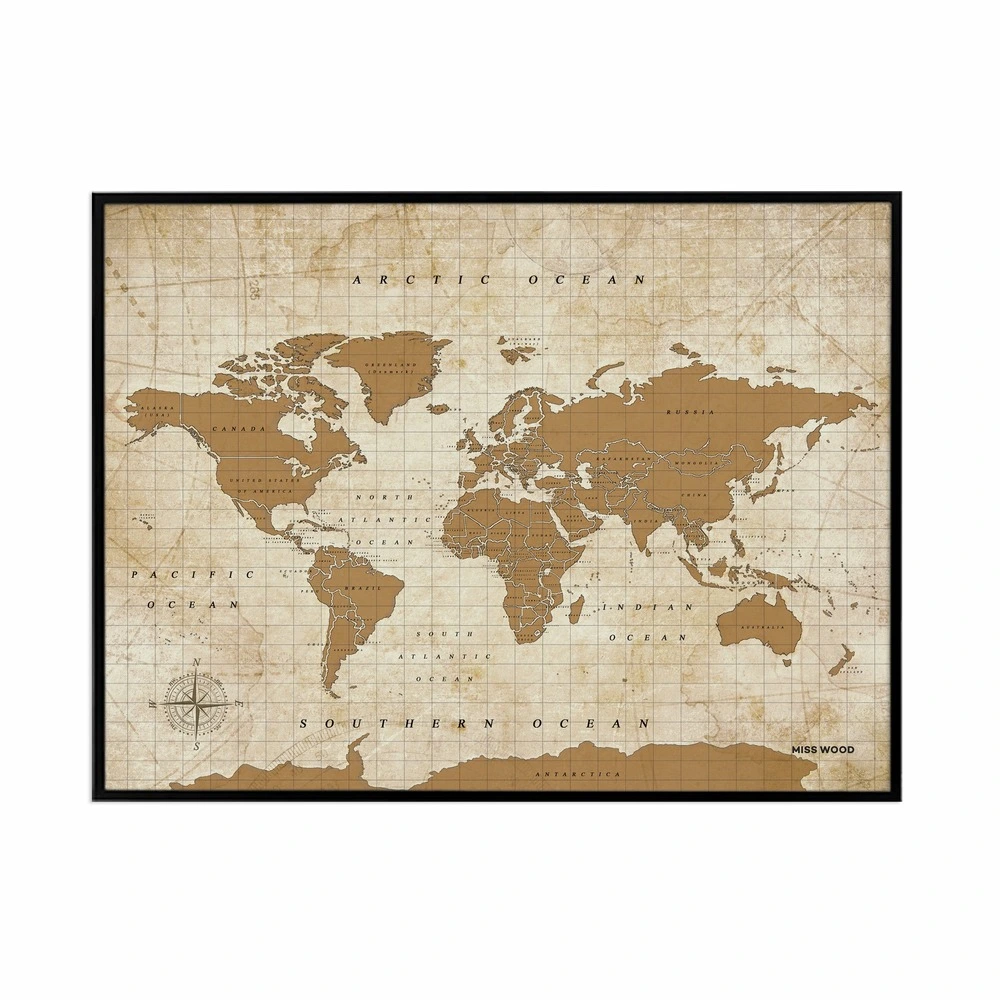 Carte du monde en liège - woody map aquarelle doré / 90 x 60 cm / cadre noir