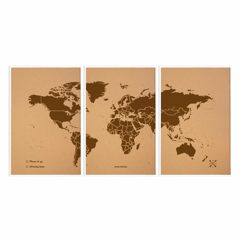 Carte du monde en liège - woody map naturel world / 180 x 90 cm / marron / cadre blanc