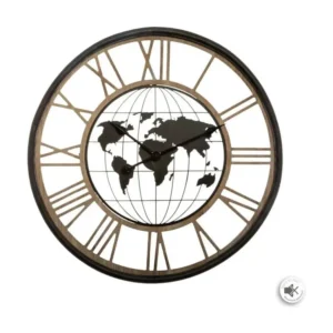 Grande Pendule murale silencieuse en métal décor Map Monde D 67 cm