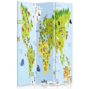 Paravent carte du monde pour les enfants 3 volets - 110 x 180 cm - 2 faces R° V° + rotation 360°