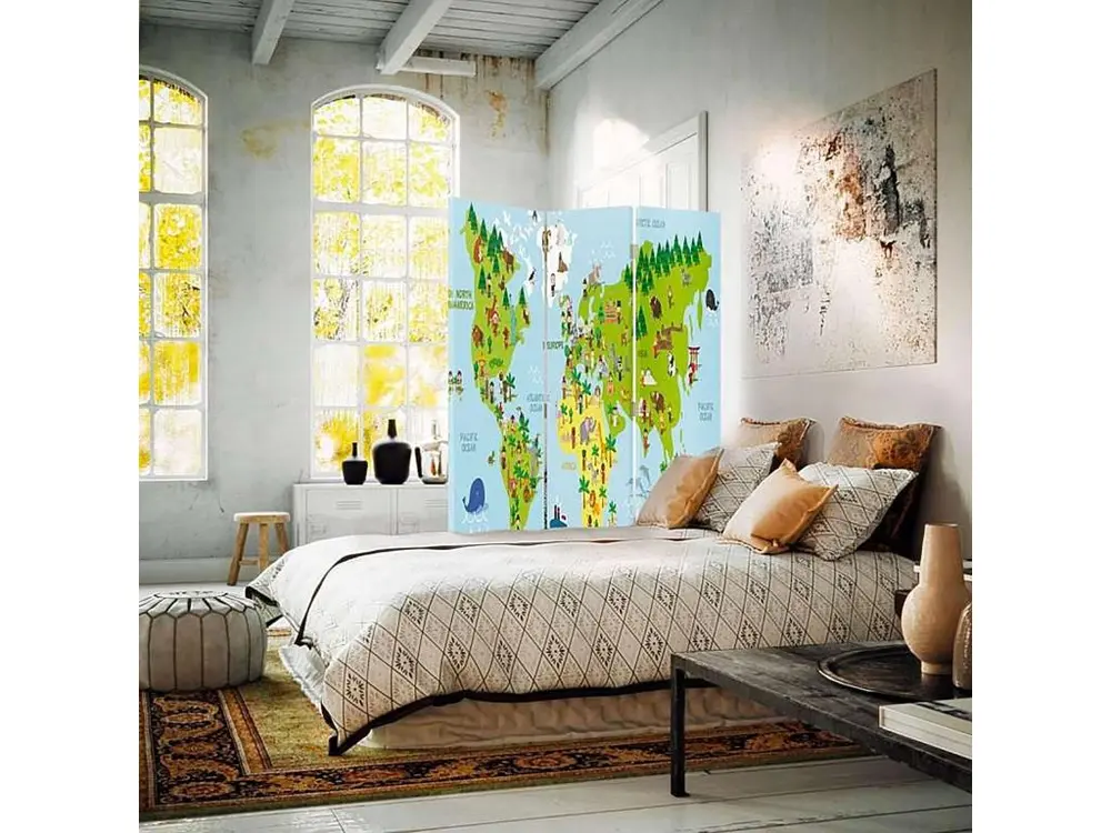 Paravent carte du monde pour les enfants 3 volets - 110 x 180 cm - 2 faces R° V° + rotation 360°