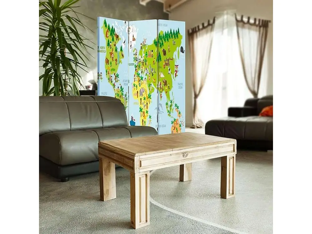 Paravent carte du monde pour les enfants 3 volets - 110 x 180 cm - 2 faces R° V° + rotation 360°