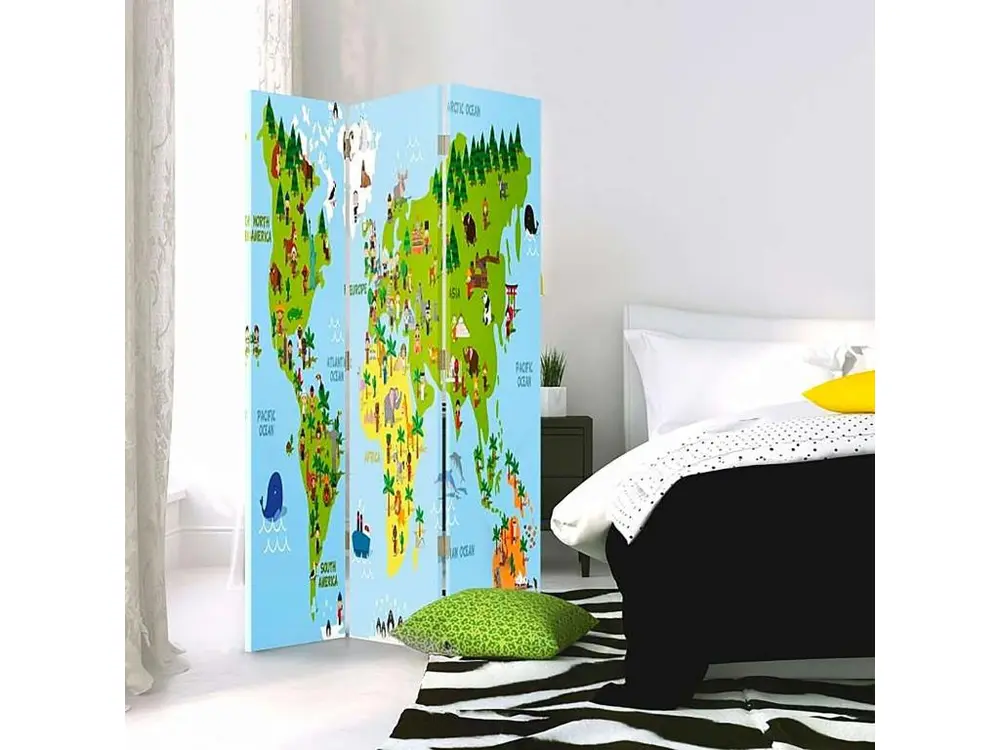 Paravent carte du monde pour les enfants 3 volets - 110 x 180 cm - 2 faces R° V° + rotation 360°