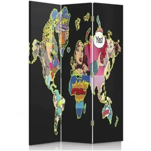 Paravent pop art noir carte du monde 3 volets - 110 x 180 cm - 2 faces R° V°
