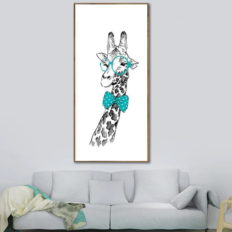 Toile d'art mural de girafe de dessin animé, décoration murale blanche texturée pour chambre d'enfant