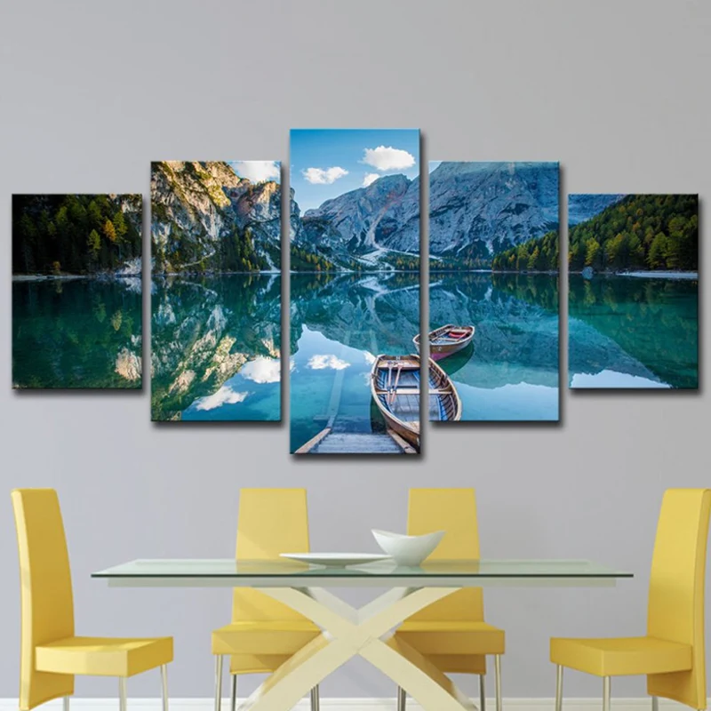 Toile d'art mural moderniste, reflet de lac bleu, paysage de montagne et de bateau, décoration murale