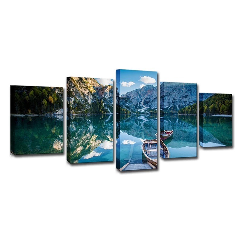 Toile d'art mural moderniste, reflet de lac bleu, paysage de montagne et de bateau, décoration murale