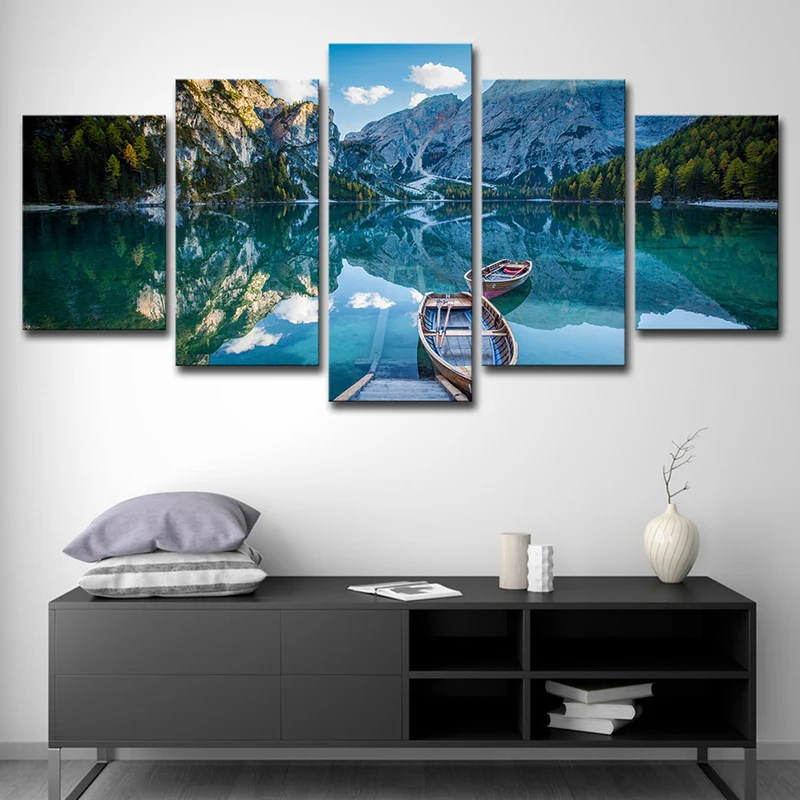 Toile d'art mural moderniste, reflet de lac bleu, paysage de montagne et de bateau, décoration murale