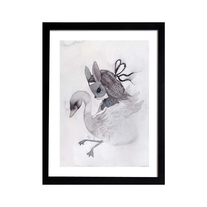 Toile de dessin animé noire, peinture de fille de lapin, décoration murale pour chambre de fille, texturée