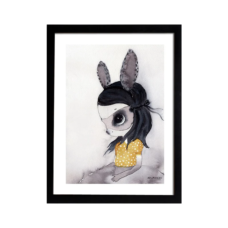 Toile de dessin animé noire, peinture de fille de lapin, décoration murale pour chambre de fille, texturée