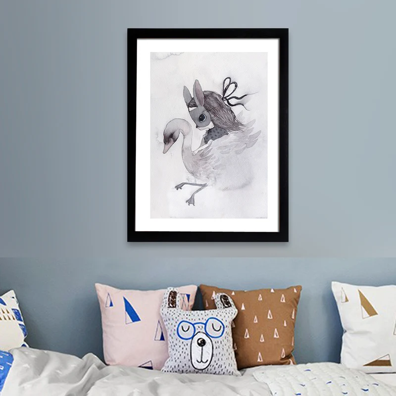 Toile de dessin animé noire, peinture de fille de lapin, décoration murale pour chambre de fille, texturée