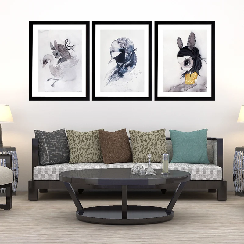 Toile de dessin animé noire, peinture de fille de lapin, décoration murale pour chambre de fille, texturée