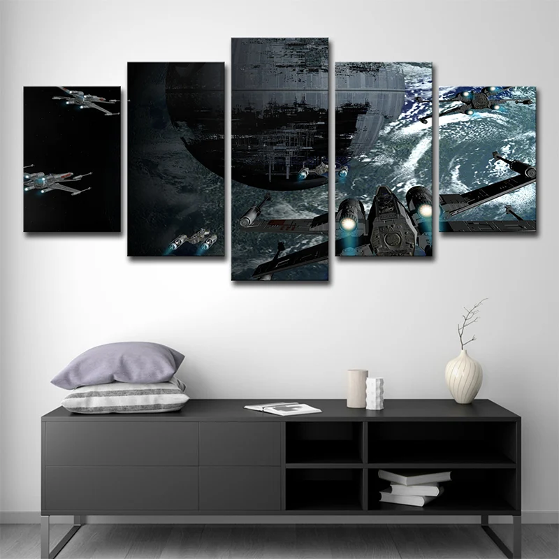 Toile murale bleue de science-fiction, décoration murale de chasseurs spatiaux pour chambre d'adolescent