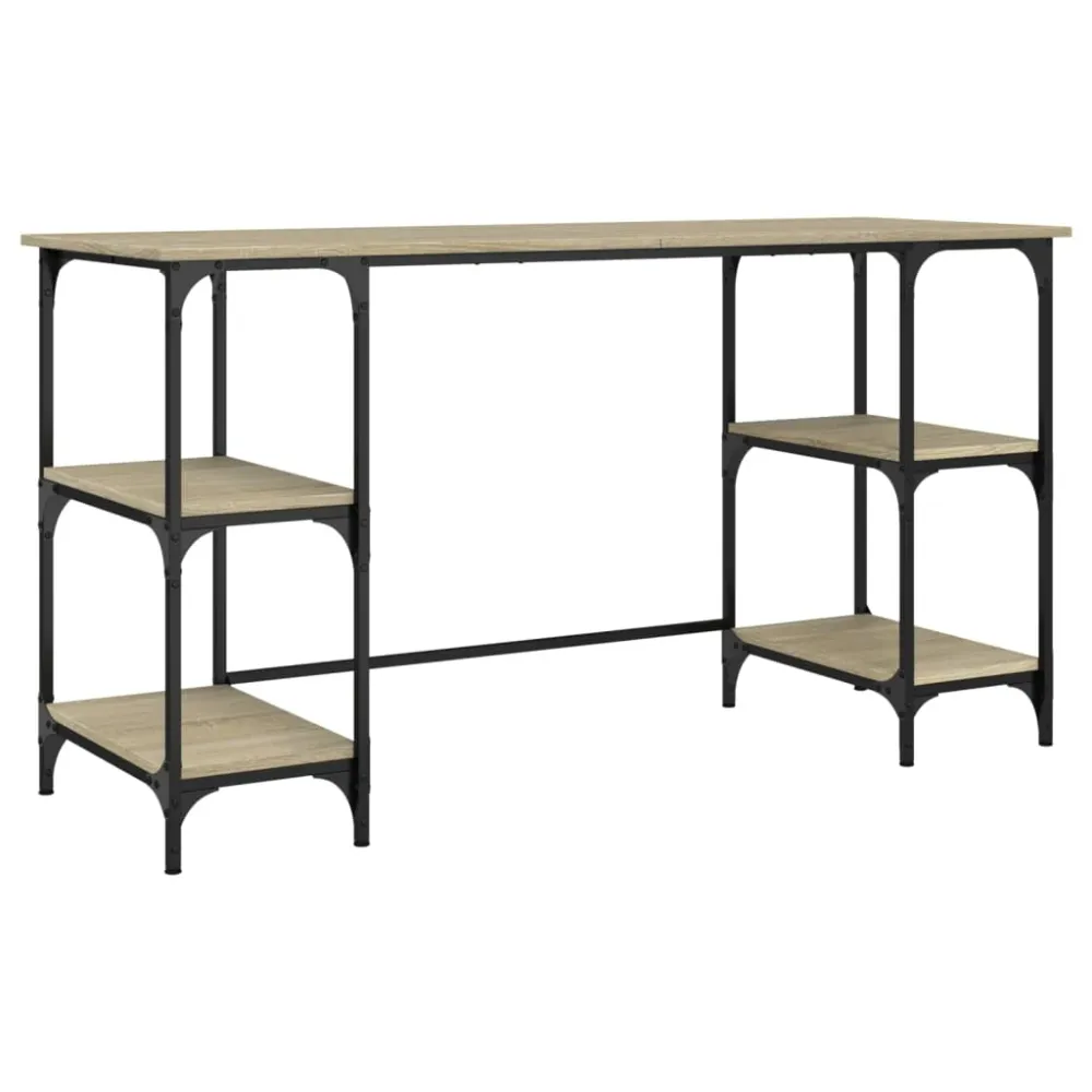 Bureau table poste de travail meuble d'ordinateur informatique étude chêne sonoma 140 x 50 x 75 cm métal et bois d'ingénie...