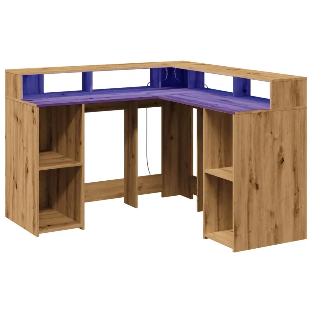 Bureau table poste de travail meuble d'ordinateur informatique étude avec lumières LED chêne artisanal bois d'ingénierie b...