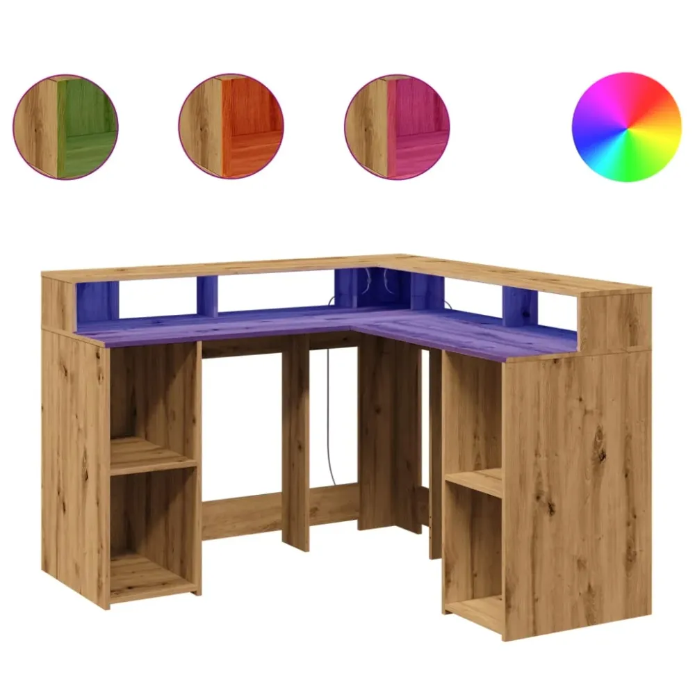 Bureau table poste de travail meuble d'ordinateur informatique étude avec lumières LED chêne artisanal bois d'ingénierie b...