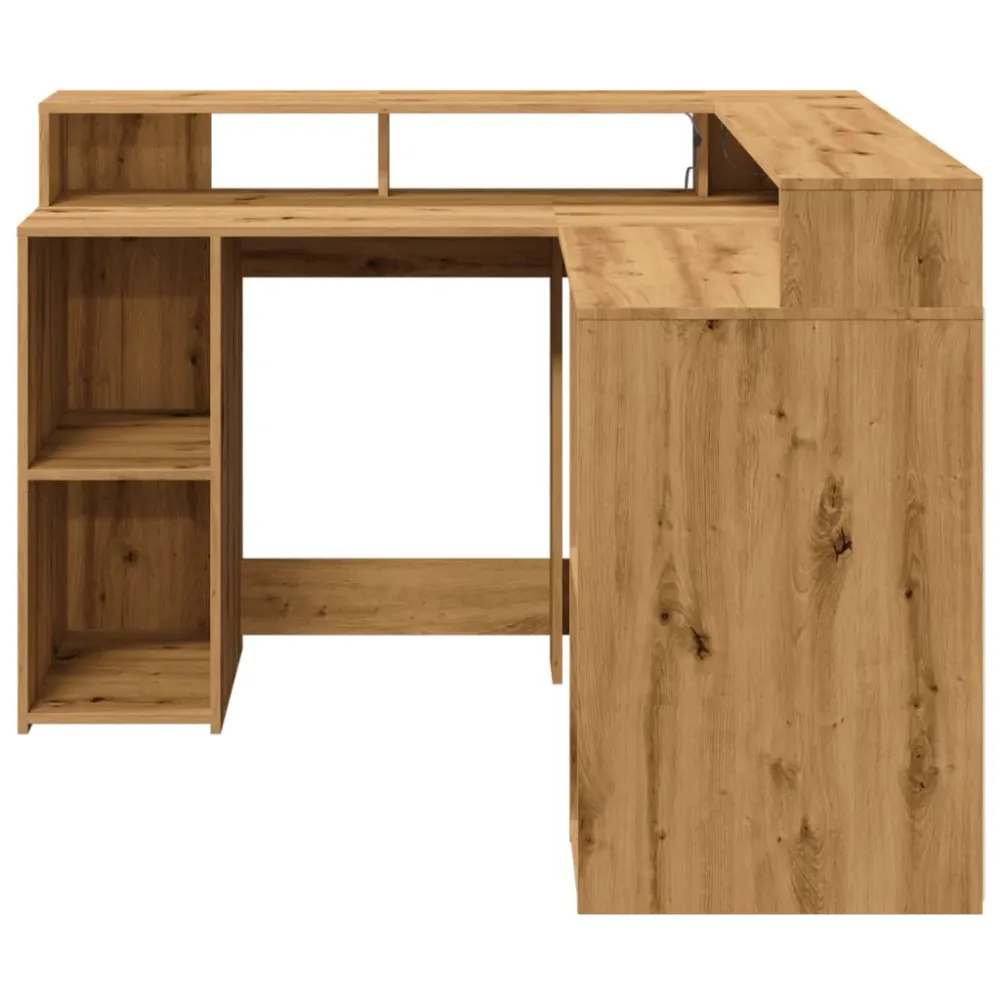 Bureau table poste de travail meuble d'ordinateur informatique étude avec lumières LED chêne artisanal bois d'ingénierie b...