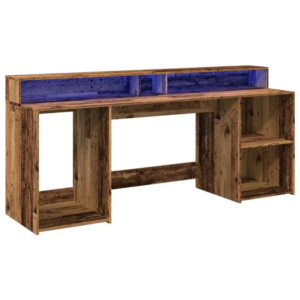 Bureau table poste de travail meuble d'ordinateur informatique étude avec lumières LED vieux bois bois d'ingénierie brun 0...