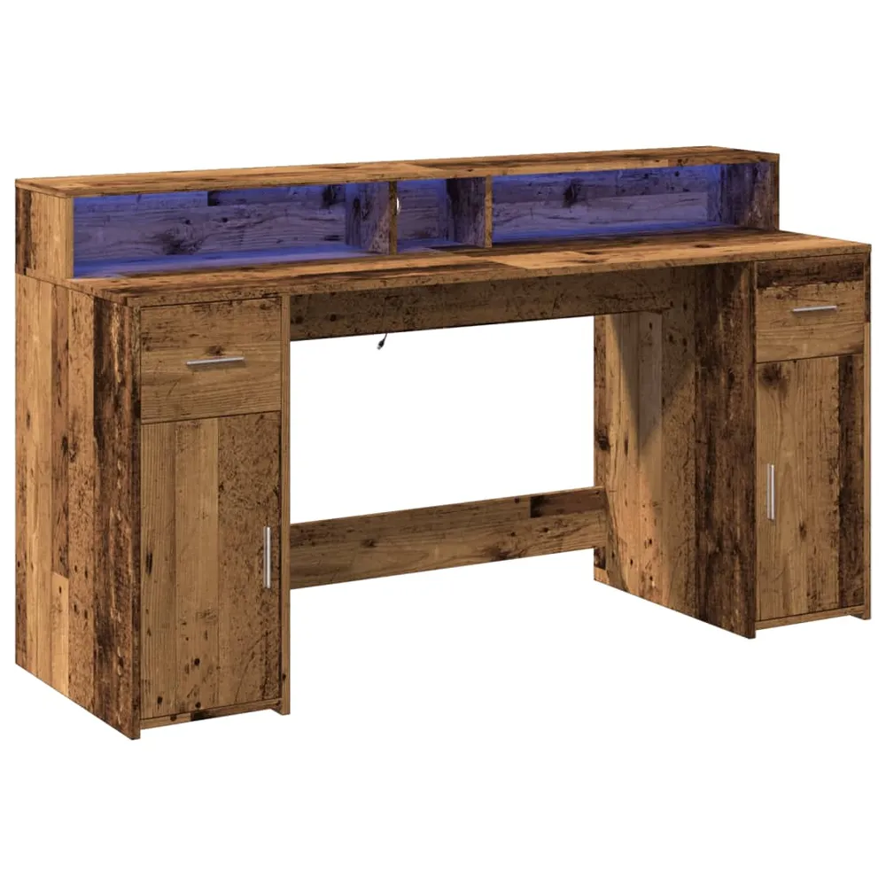 Bureau table poste de travail meuble d'ordinateur informatique étude avec lumières LED vieux bois bois d'ingénierie brun 0...