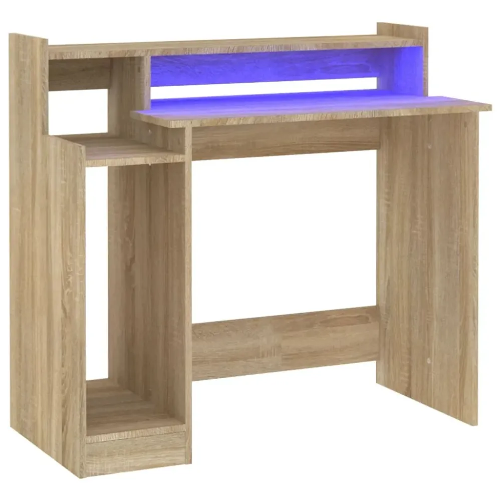 Bureau table poste de travail meuble d'ordinateur informatique étude avec lumières LED chêne 97 x 45 x 90 cm bois d'ingéni...