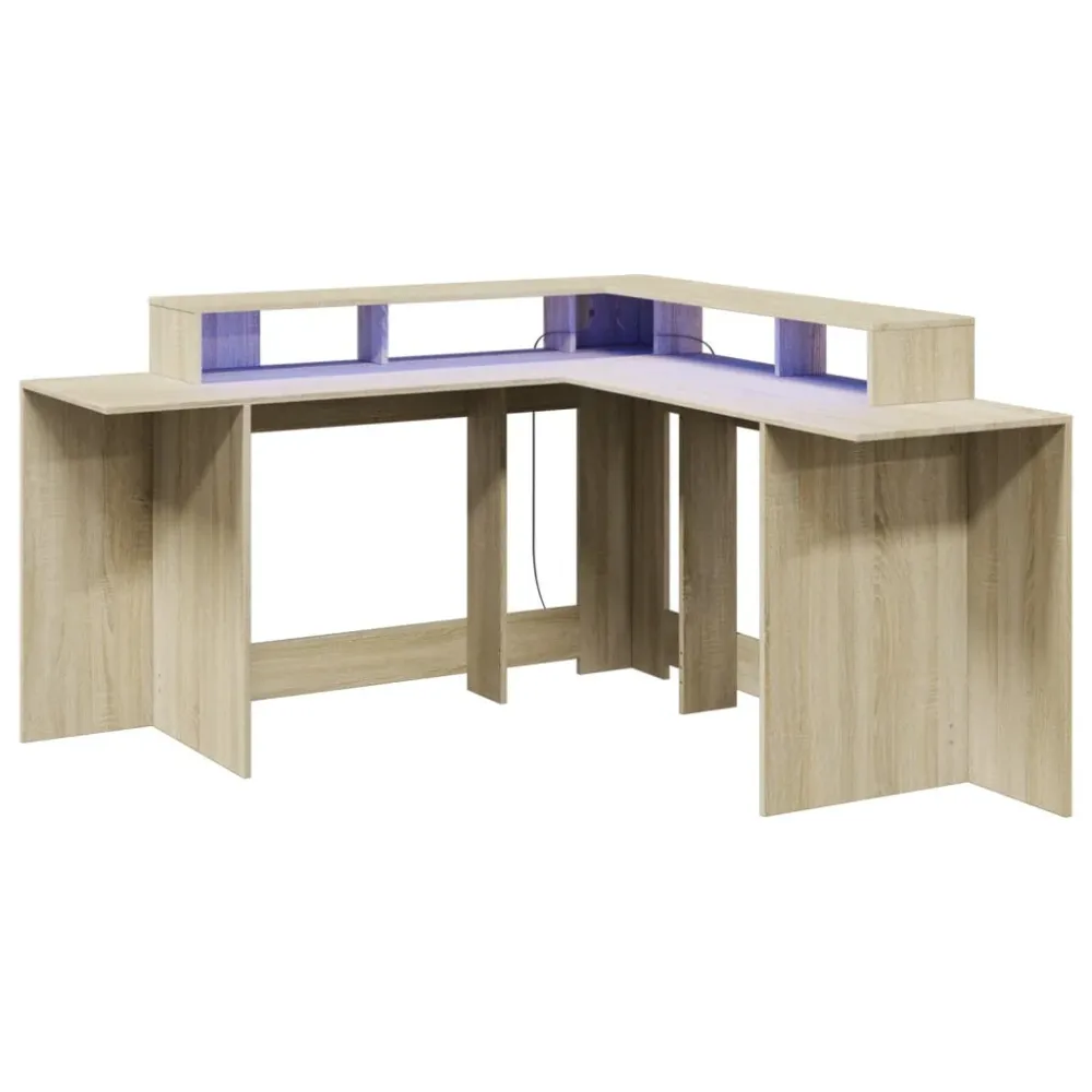 Bureau table poste de travail meuble d'ordinateur informatique étude avec lumières LED chêne sonoma bois d'ingénierie brun...