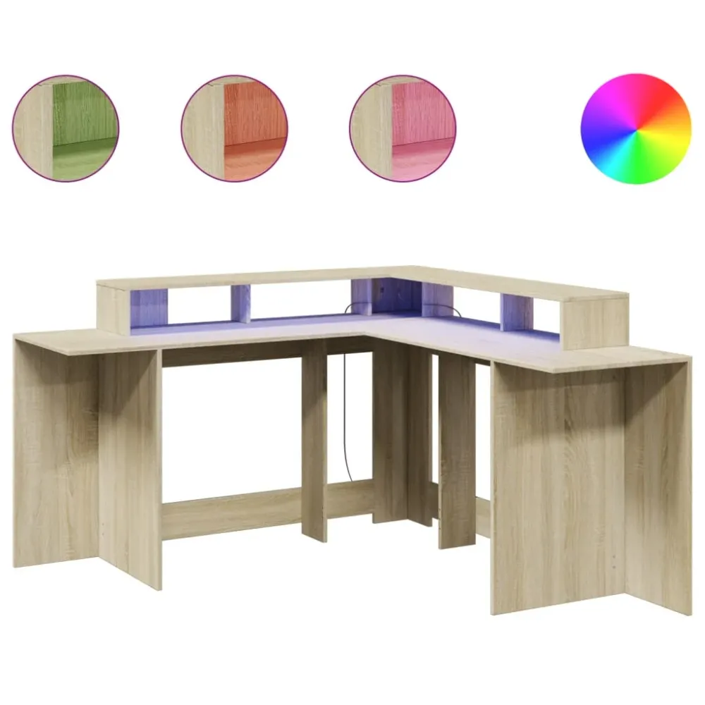 Bureau table poste de travail meuble d'ordinateur informatique étude avec lumières LED chêne sonoma bois d'ingénierie brun...