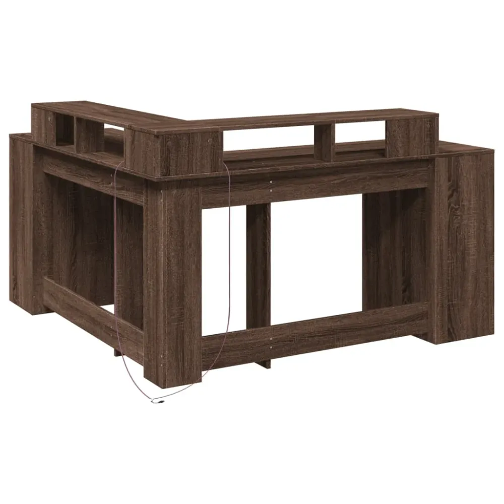Bureau table poste de travail meuble d'ordinateur informatique étude et lumières LED chêne bois d'ingénierie brun 02_0023796
