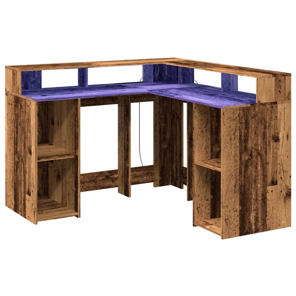 Bureau table poste de travail meuble d'ordinateur informatique étude avec lumières LED vieux bois bois d'ingénierie brun 0...