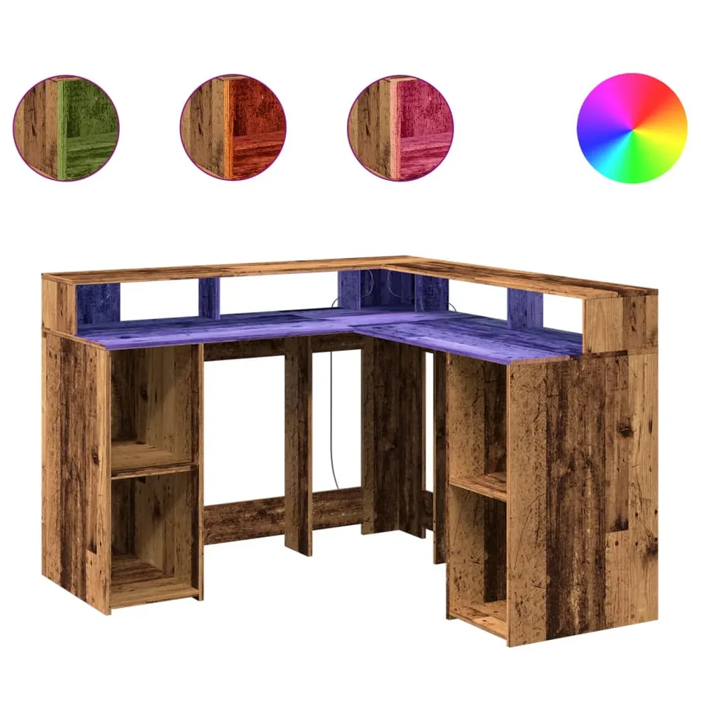 Bureau table poste de travail meuble d'ordinateur informatique étude avec lumières LED vieux bois bois d'ingénierie brun 0...