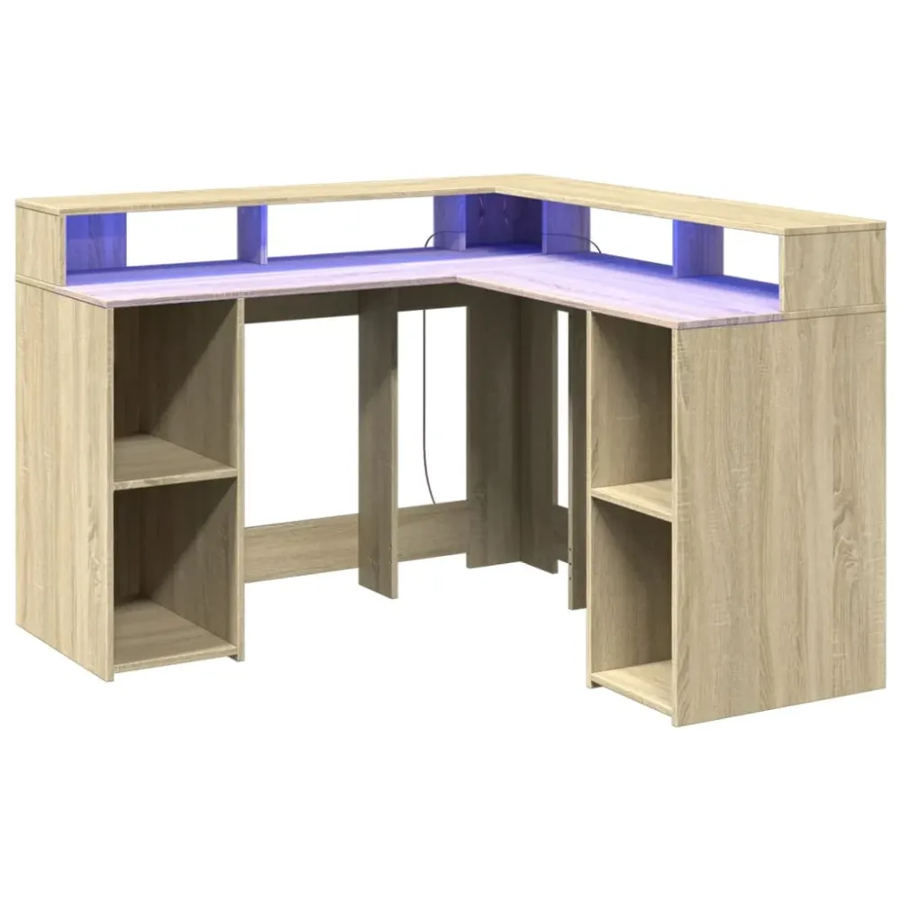 Bureau table poste de travail meuble d'ordinateur informatique étude avec lumières LED chêne sonoma bois d'ingénierie brun...