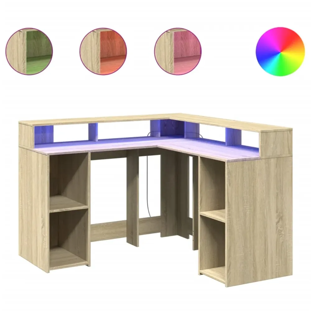 Bureau table poste de travail meuble d'ordinateur informatique étude avec lumières LED chêne sonoma bois d'ingénierie brun...