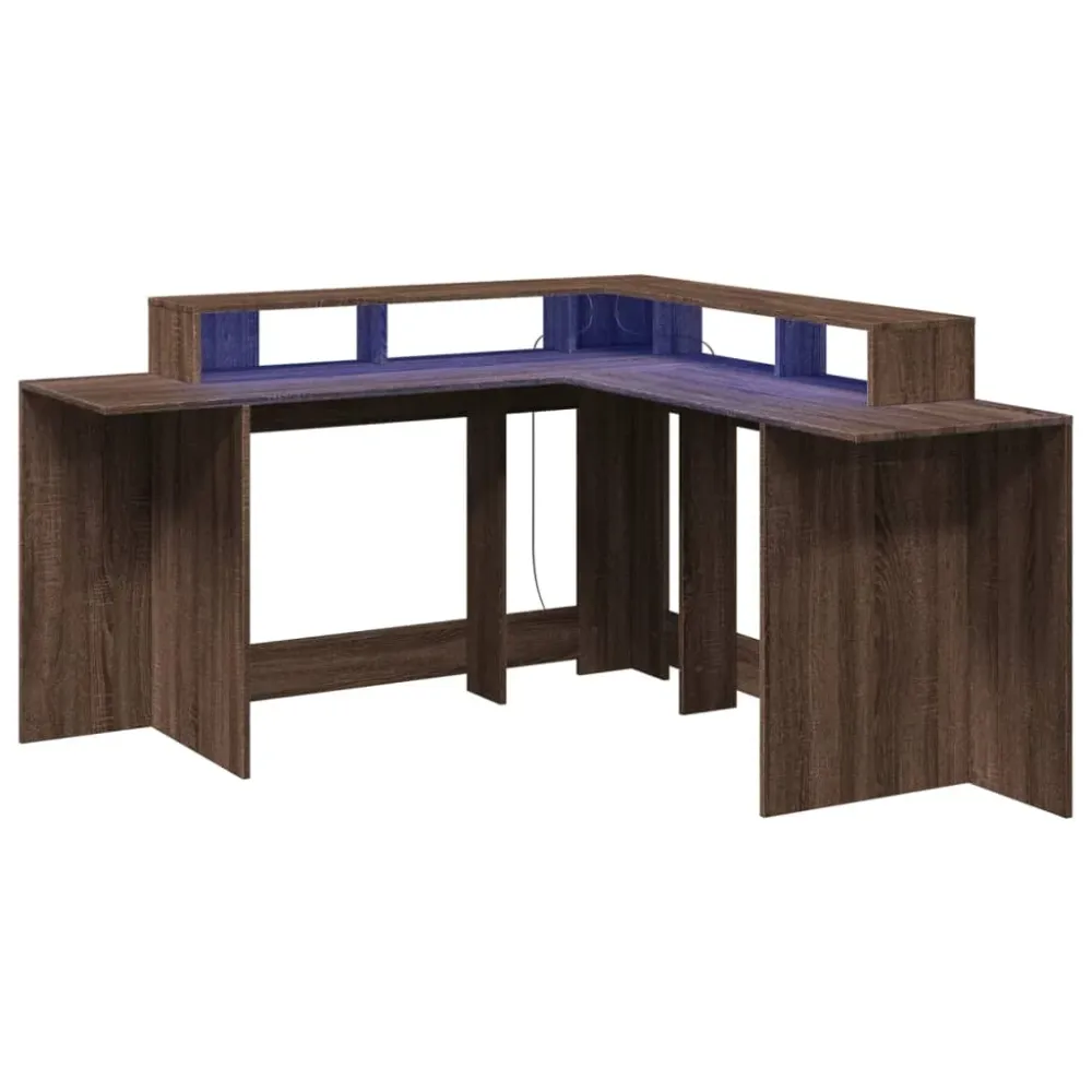 Bureau table poste de travail meuble d'ordinateur informatique étude et lumières LED chêne bois d'ingénierie brun 02_0023796