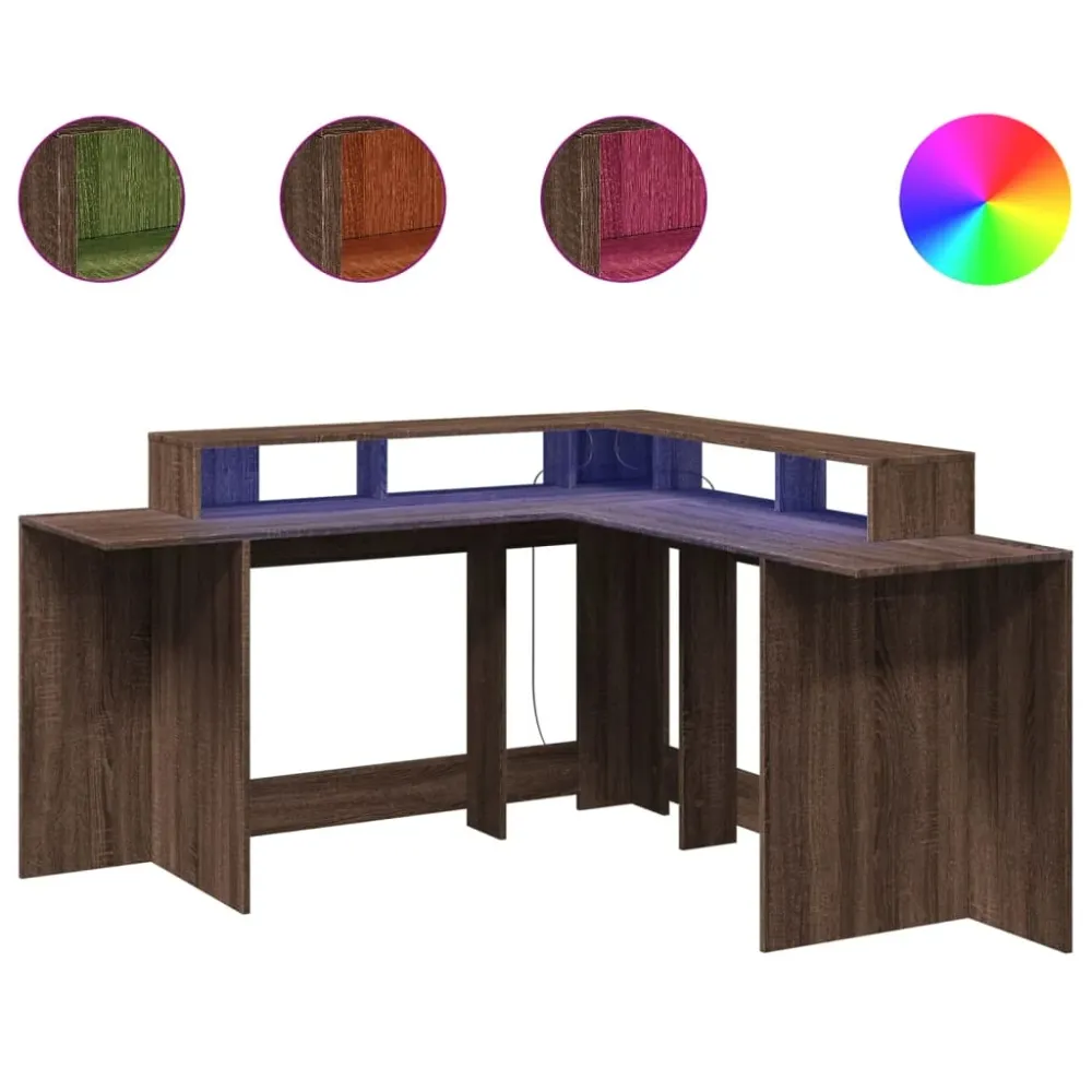 Bureau table poste de travail meuble d'ordinateur informatique étude et lumières LED chêne bois d'ingénierie brun 02_0023796