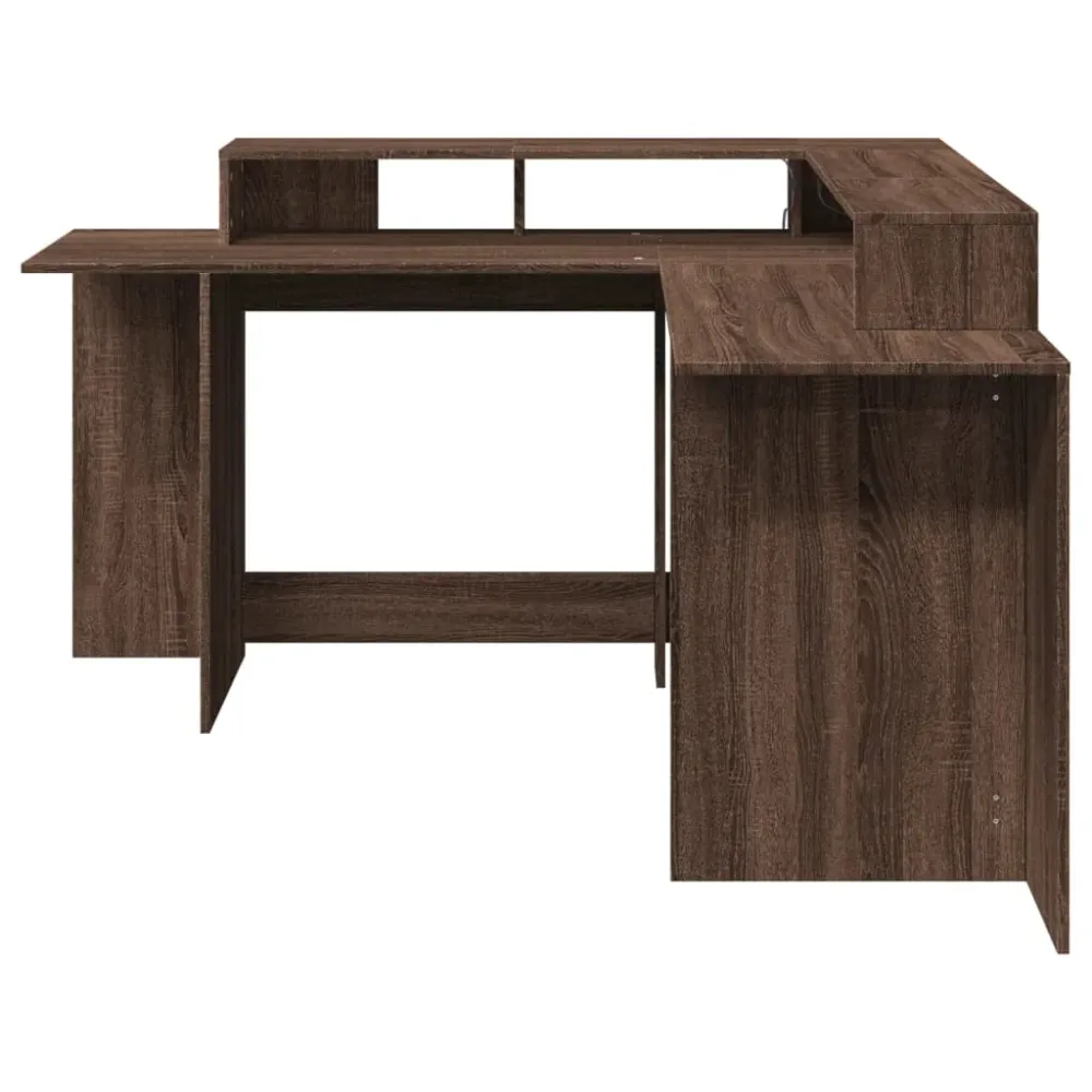 Bureau table poste de travail meuble d'ordinateur informatique étude et lumières LED chêne bois d'ingénierie brun 02_0023796