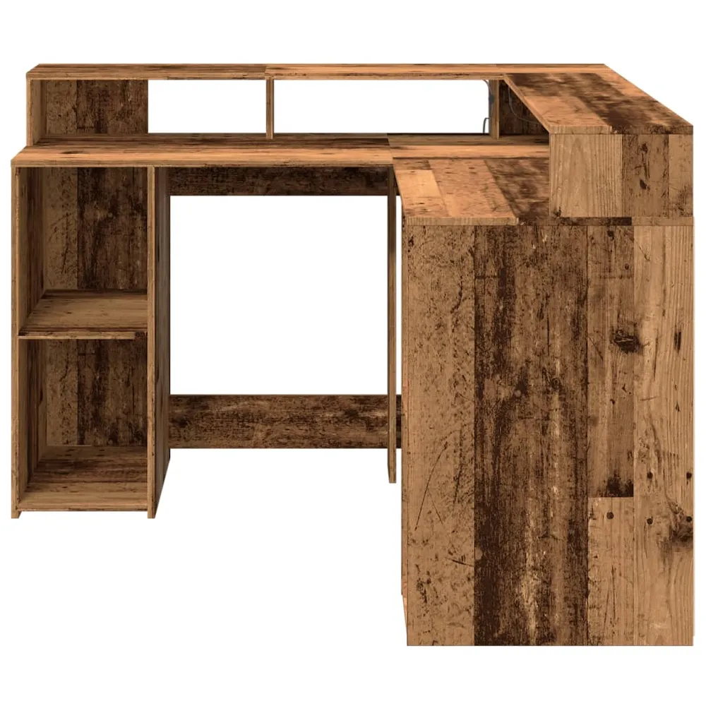 Bureau table poste de travail meuble d'ordinateur informatique étude avec lumières LED vieux bois bois d'ingénierie brun 0...