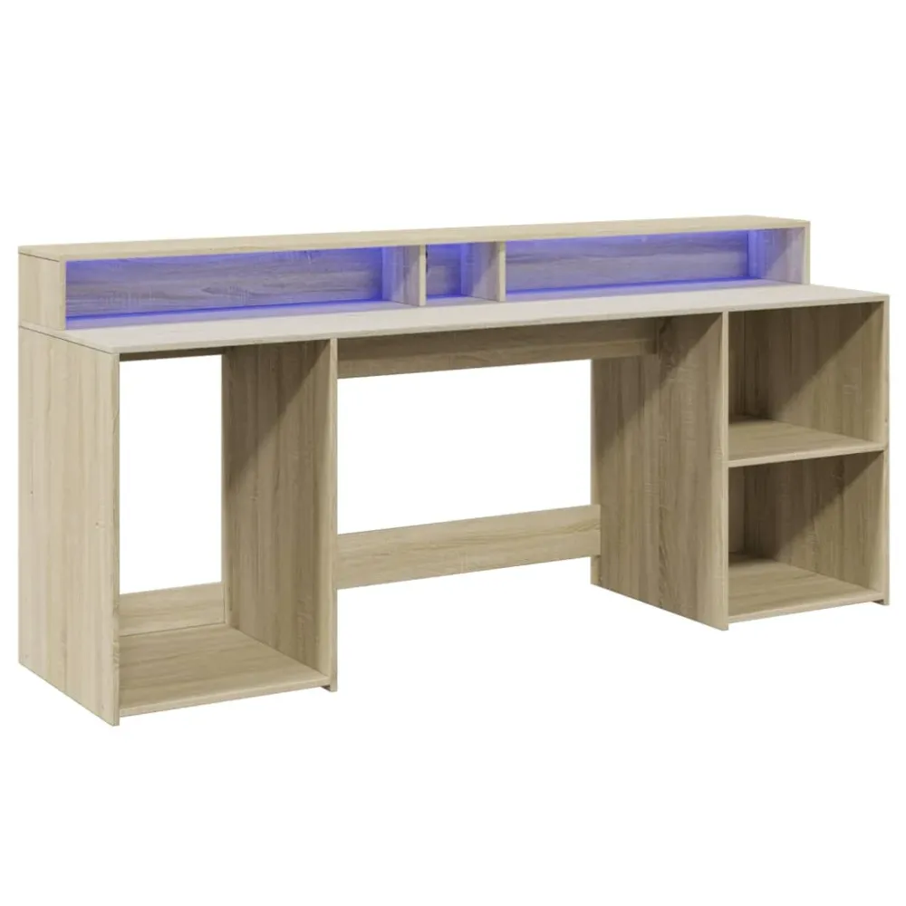 Bureau table poste de travail meuble d'ordinateur informatique étude avec lumières LED chêne sonoma bois d'ingénierie brun...