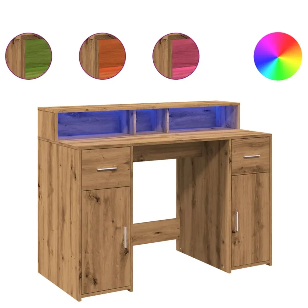 Bureau table poste de travail meuble d'ordinateur informatique étude avec lumières LED chêne artisanal bois d'ingénierie b...