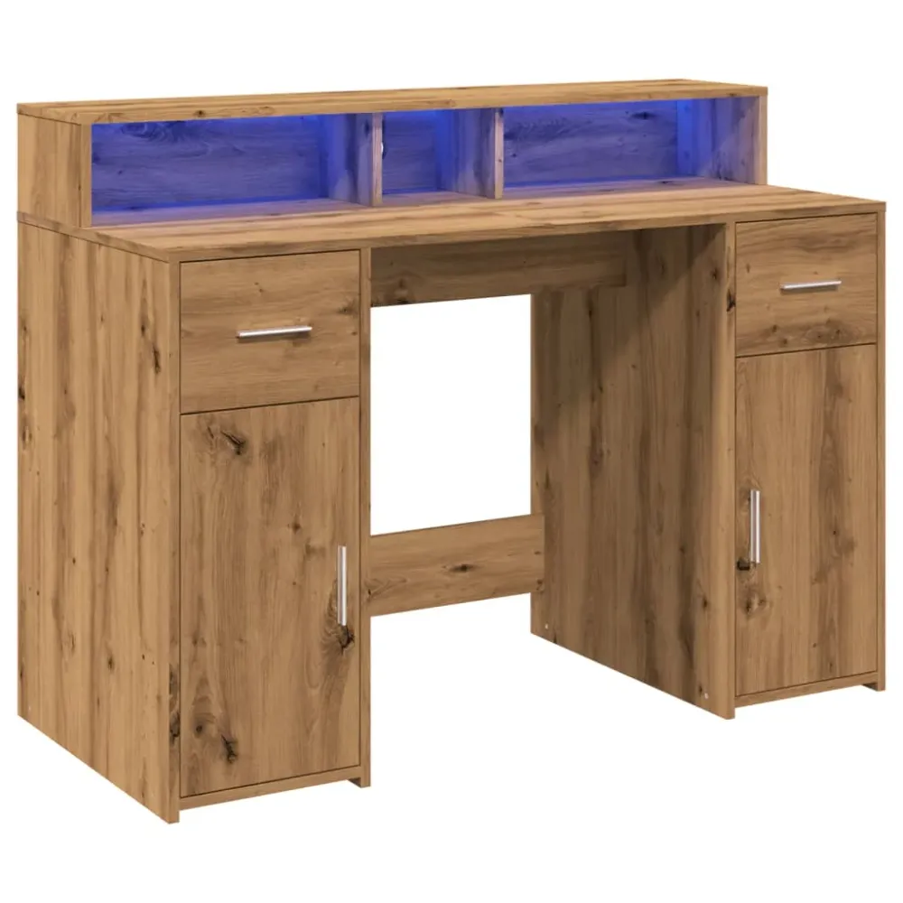 Bureau table poste de travail meuble d'ordinateur informatique étude avec lumières LED chêne artisanal bois d'ingénierie b...