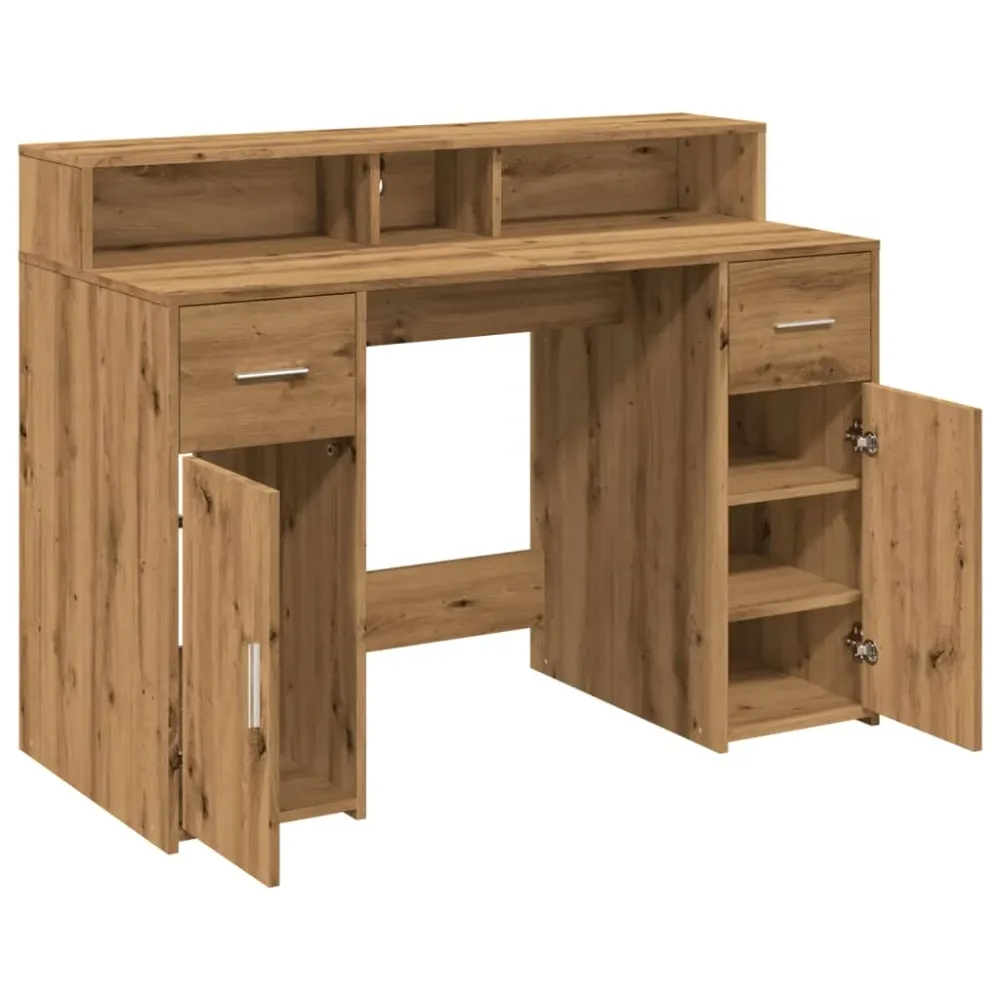 Bureau table poste de travail meuble d'ordinateur informatique étude avec lumières LED chêne artisanal bois d'ingénierie b...