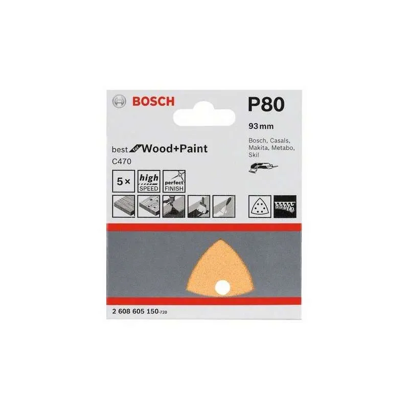 5 Feuilles abrasives C470 BOSCH pour ponceuses Delta 93 mm Best Wood and Paint 6 trous