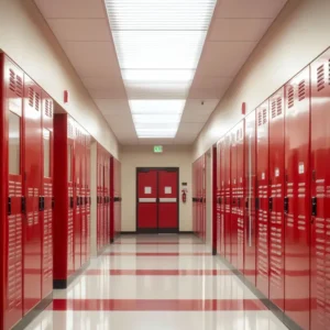 Toile de fond Couloir Scolaire Casiers Rouges Brillants Rentrée des Classes LXX58-146
