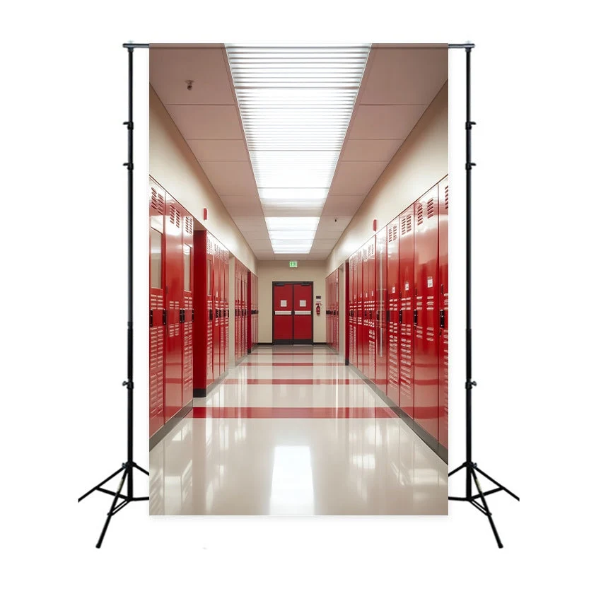 Toile de fond Couloir Scolaire Casiers Rouges Brillants Rentrée des Classes LXX58-146