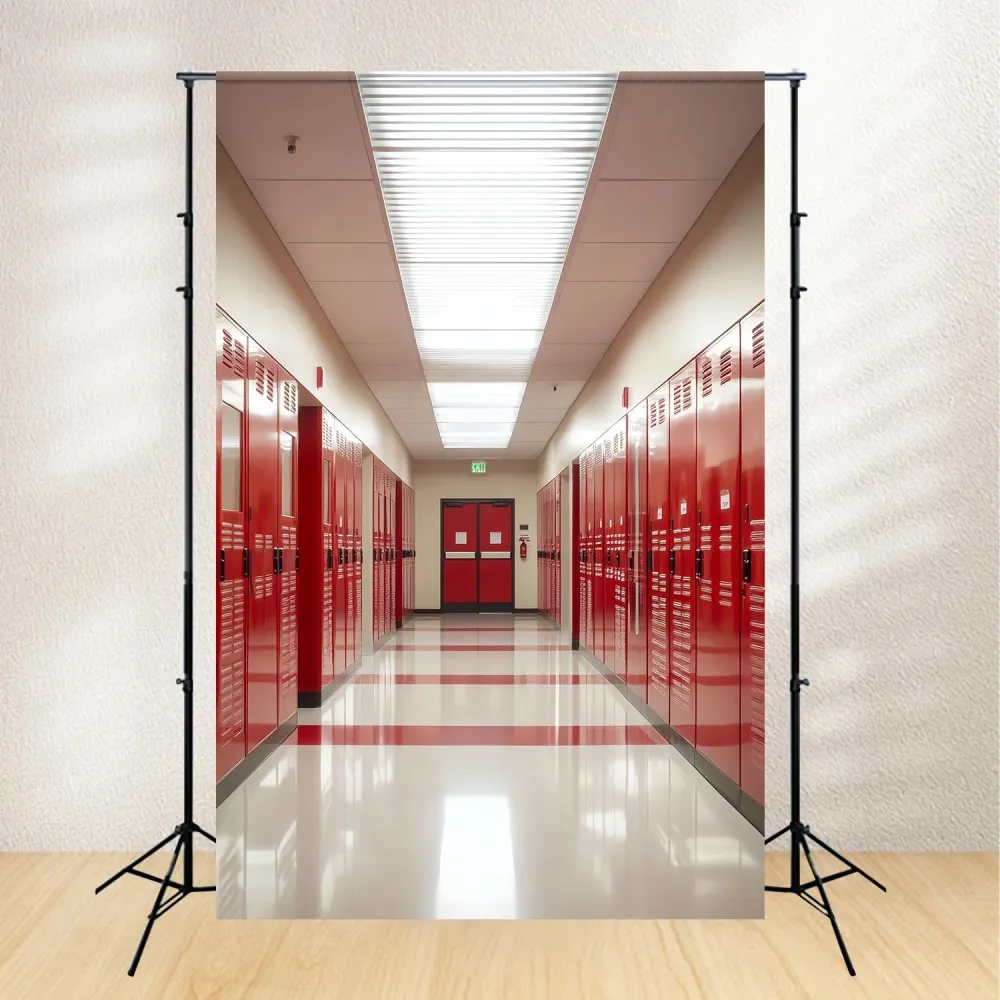 Toile de fond Couloir Scolaire Casiers Rouges Brillants Rentrée des Classes LXX58-146